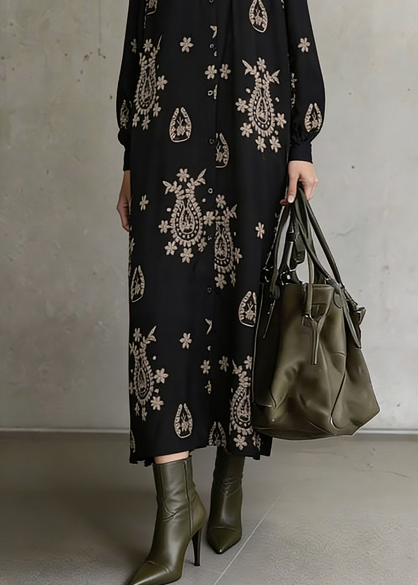 Black Stand Collar Print Ankle Dress Lantern Sleeve