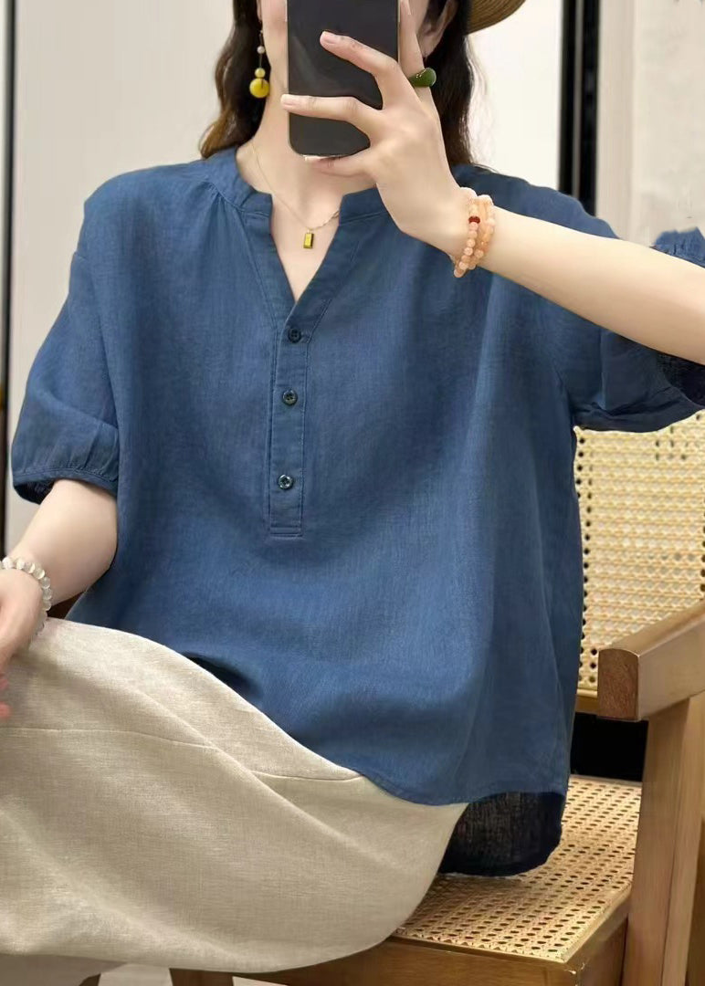 Fine Blue V Neck Button Linen Top Summer