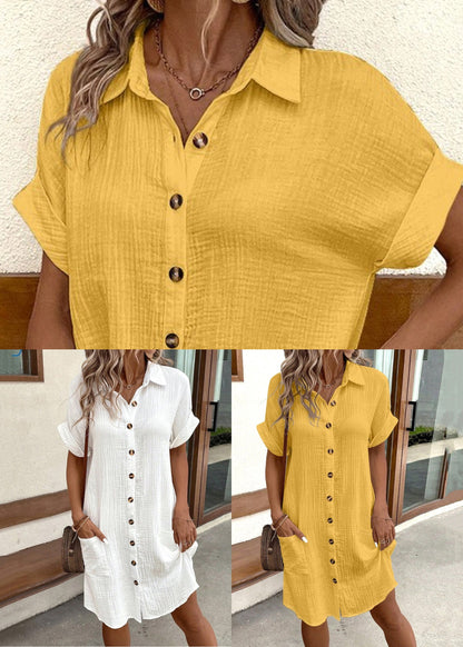 White Peter Pan Collar Button Pockets Cotton Shirt Dress Summer