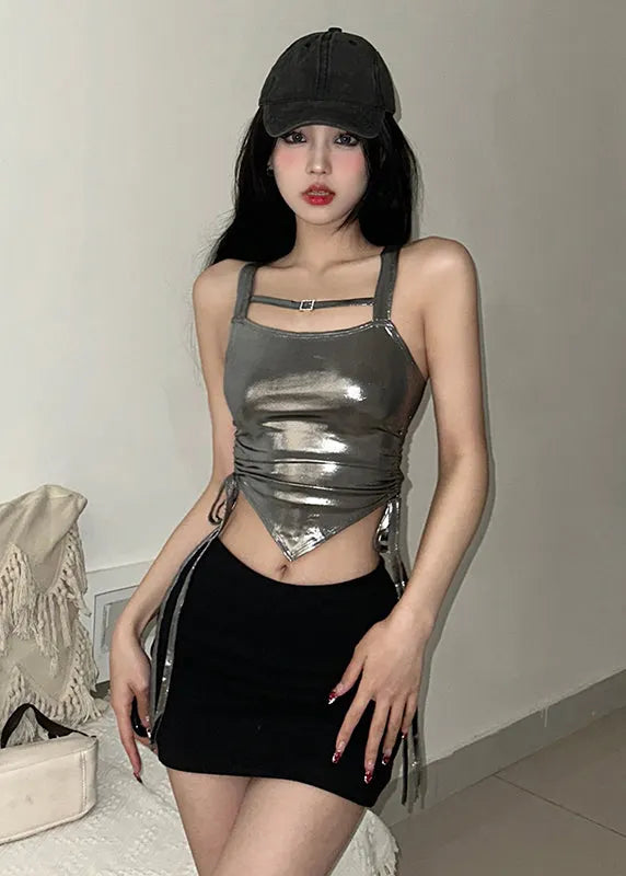 Silvery Cinched Faux Leather Vest Sleeveless