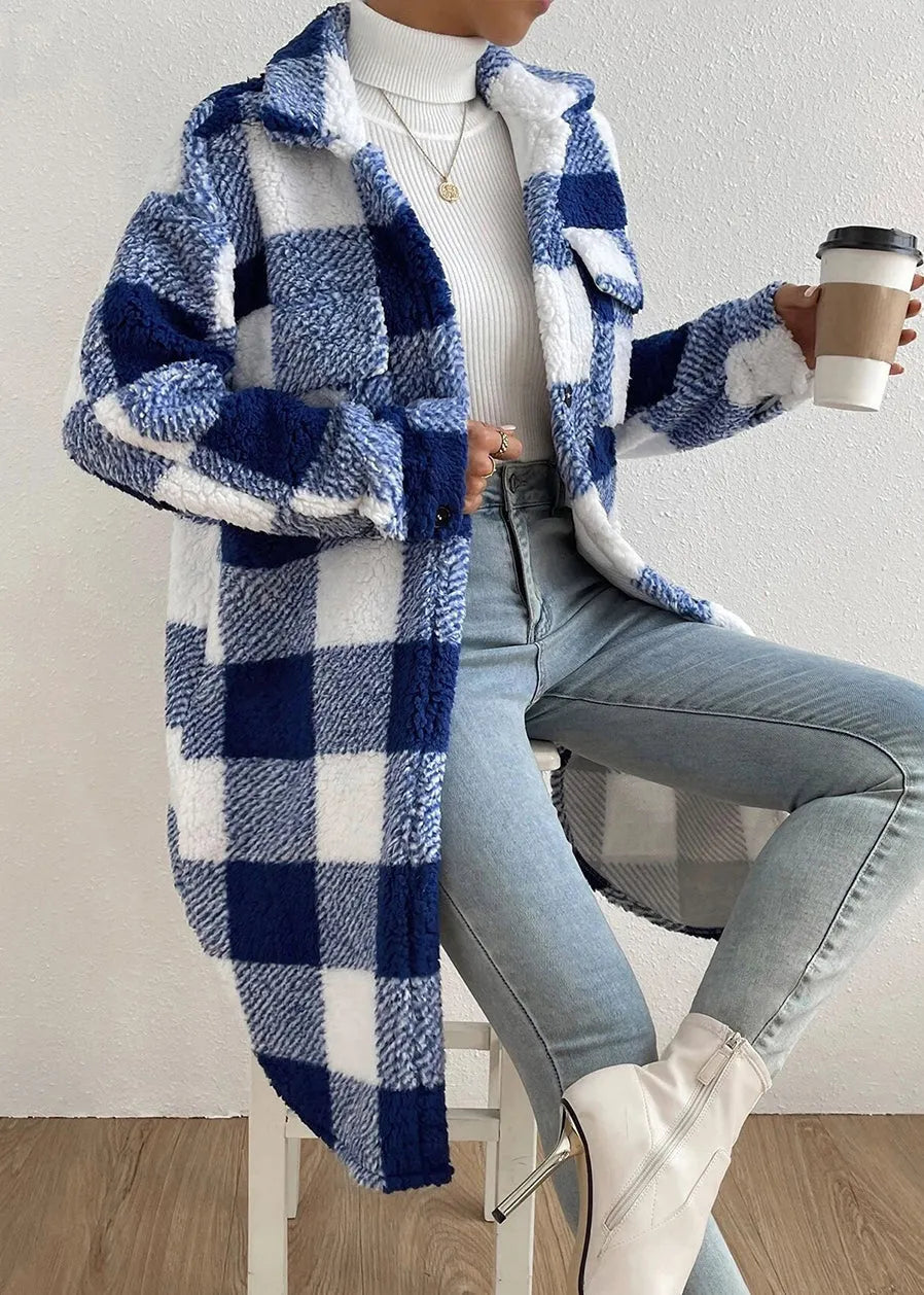 Blue Peter Pan Collar Pockets Plaid Faux Fur Coats Fall