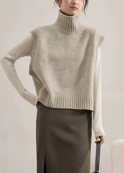 Camel Turtleneck Patchwork Knit Waistcoat Sleeveless