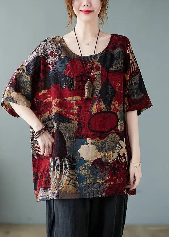 Red O Neck Print Patchwork Cotton T Shirt Summer