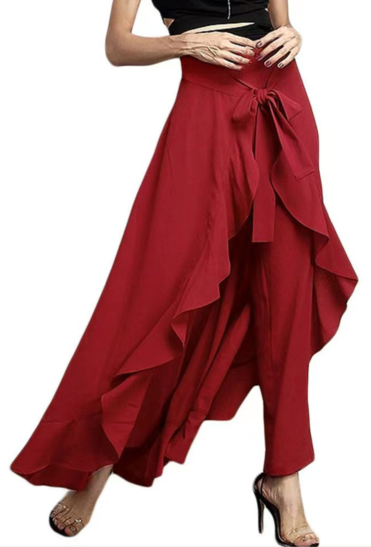 Grey Waist Spliced Ruffle Hem Straight Leg Skirt