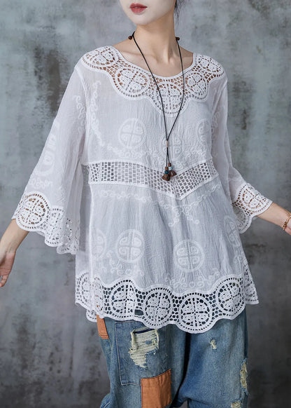 White Oversized Patchwork Lace Cotton Blouses Flare Sleeve