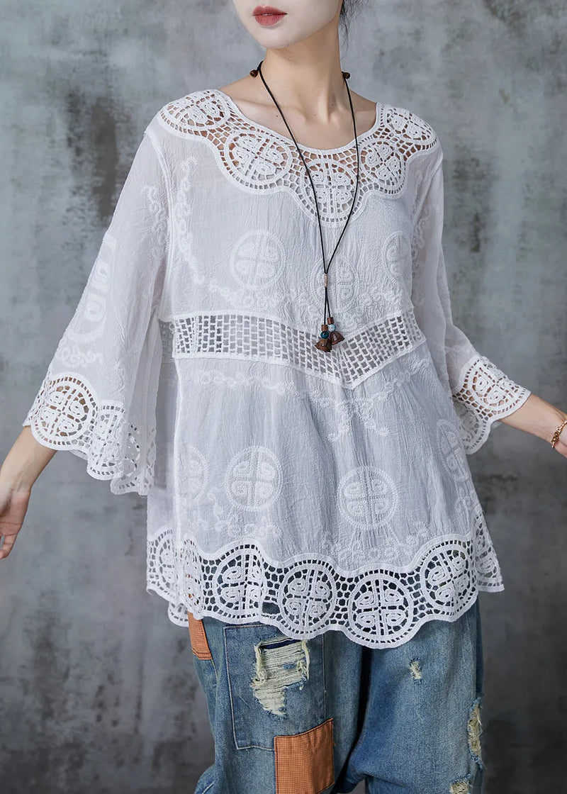 White Oversized Patchwork Lace Cotton Blouses Flare Sleeve