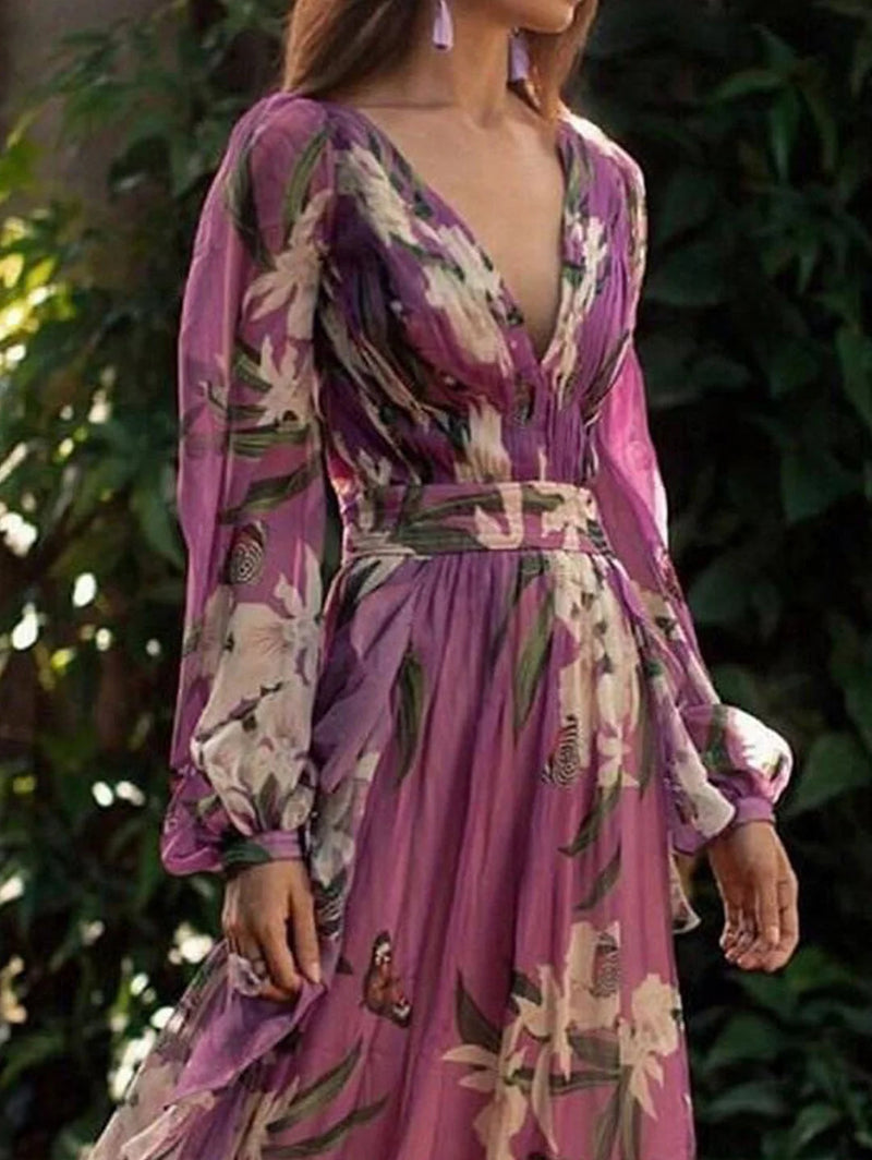 Butterfly Pattern V Neck Maxi Dress