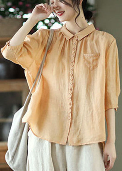 Orange Peter Pan Collar Pockets Linen Shirt Tops Half Sleeve