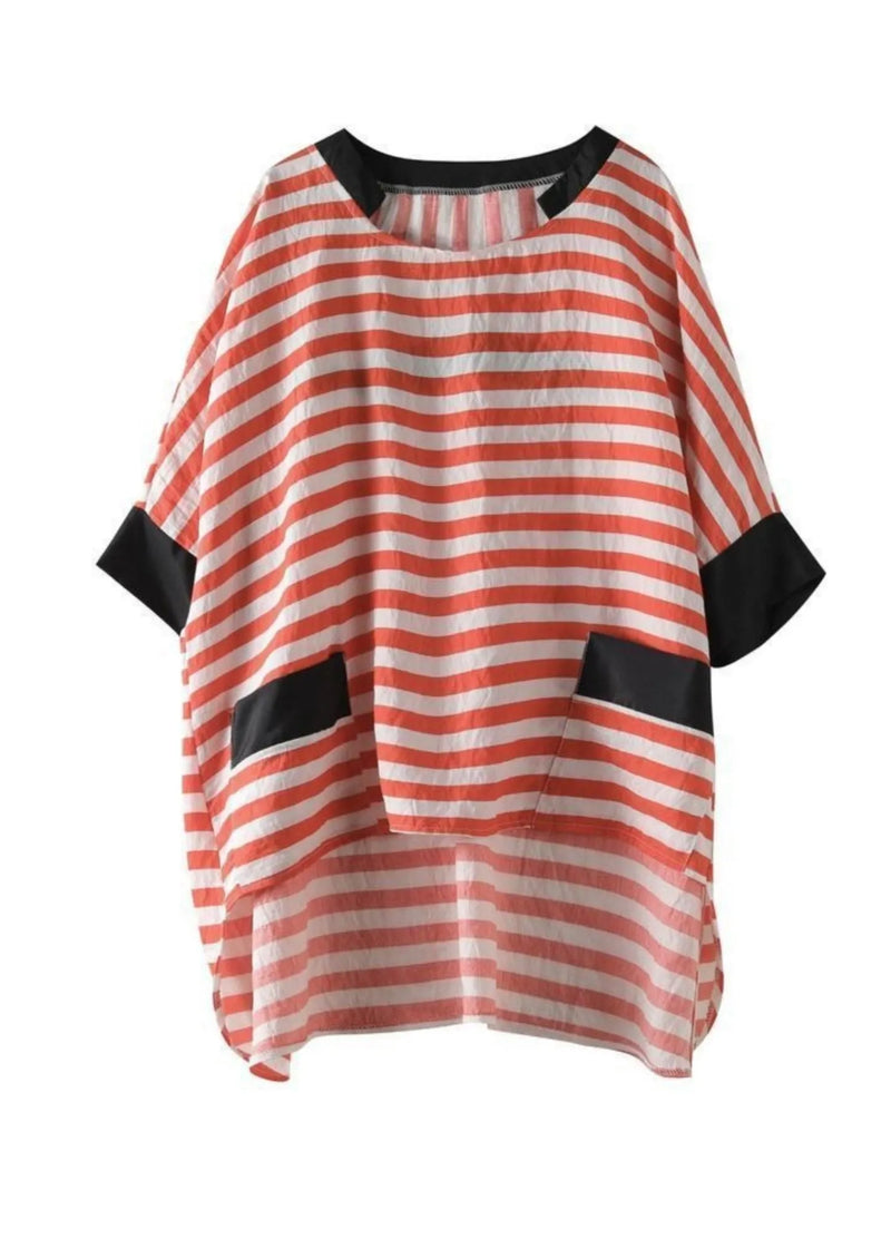 Black O Neck Striped Low High Design Cotton Shirt Top Summer