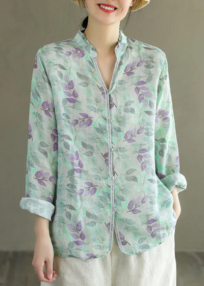 Diy Blue V Neck Ruffled Print Patchwork Linen Shirt Tops Spring