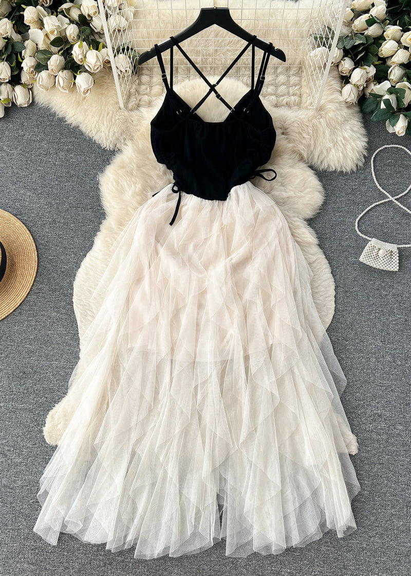 Apricot Cinched Patchwork Tulle Spaghetti Strap Dress Sleeveless