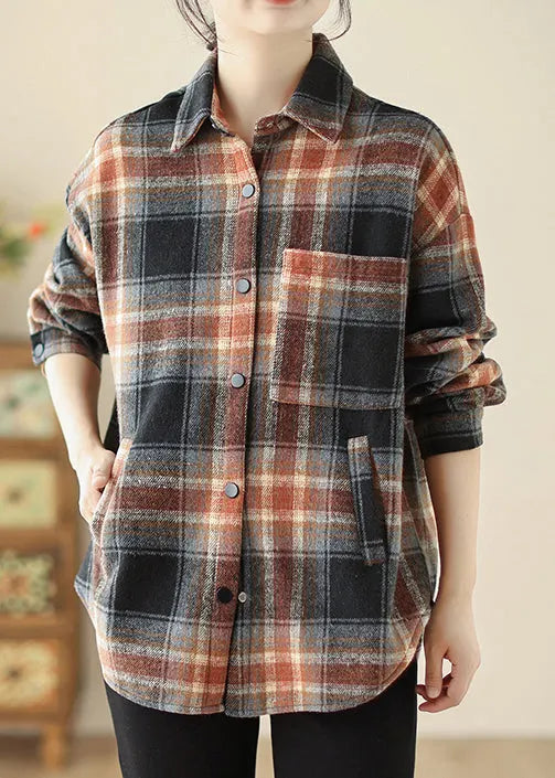 Loose Peter Pan Collar Plaid Warm Fleece Shirt Top Spring