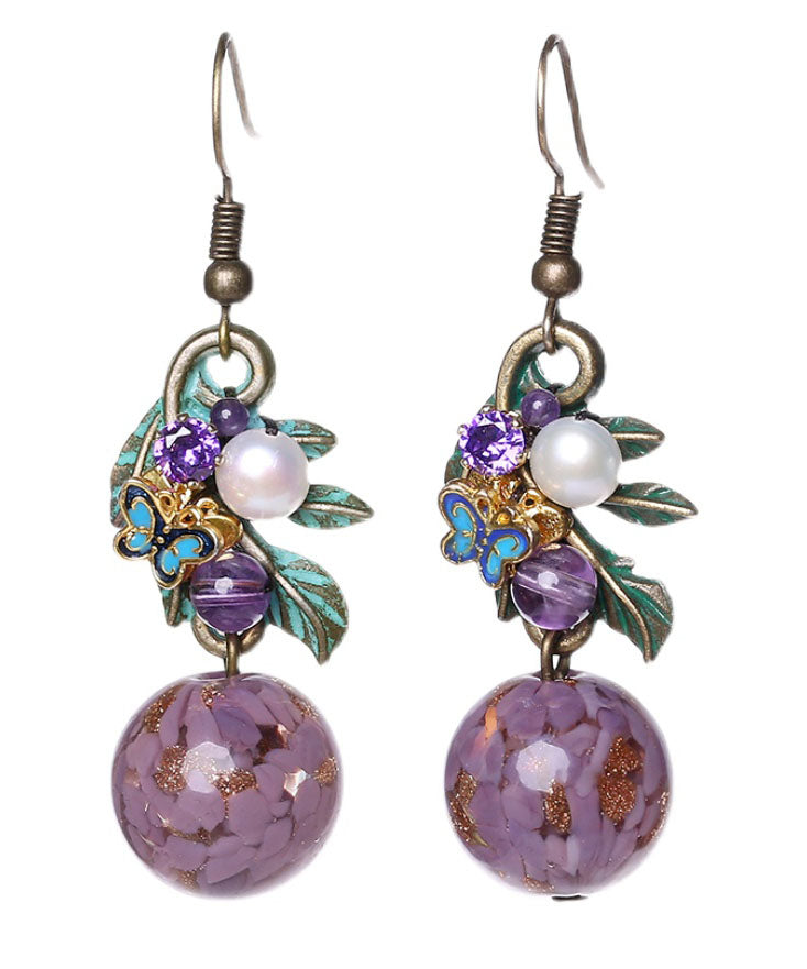 Purple Sterling Silver Zircon Jade Crystal Cloisonne Coloured Glaze Drop Earrings