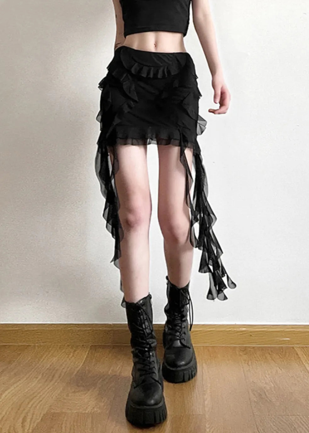 Black Ruffled Patchwork High Waist Tulle Skirt Summer