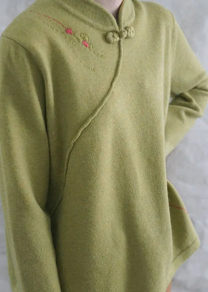 Style Yellow Retro Embroidered Fall Knit Tops