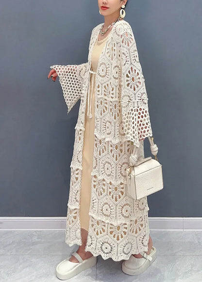 Apricot V Neck Hollow Out Long Lace Cardigan Fall