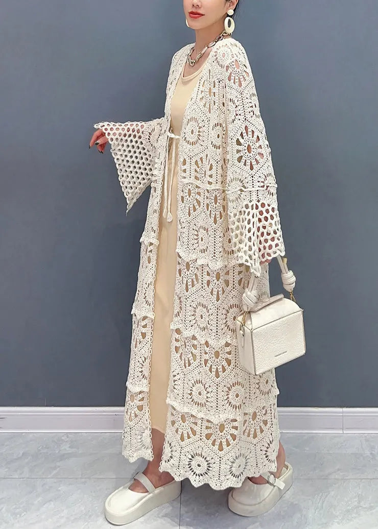Apricot V Neck Hollow Out Long Lace Cardigan Fall