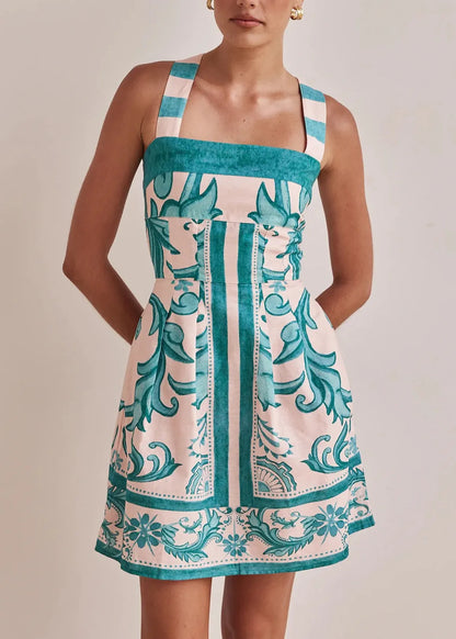 Classy Green Print Cotton Short Spaghetti Strap Dress Summer