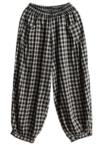 Black Plaid Pockets Patchwork Cotton Lantern Pants Summer