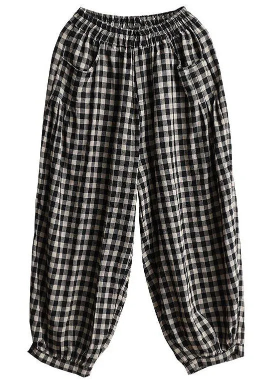 Black Plaid Pockets Patchwork Cotton Lantern Pants Summer