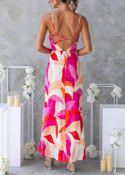 French Blue Backless Print Cotton Long Dress Sleeveless