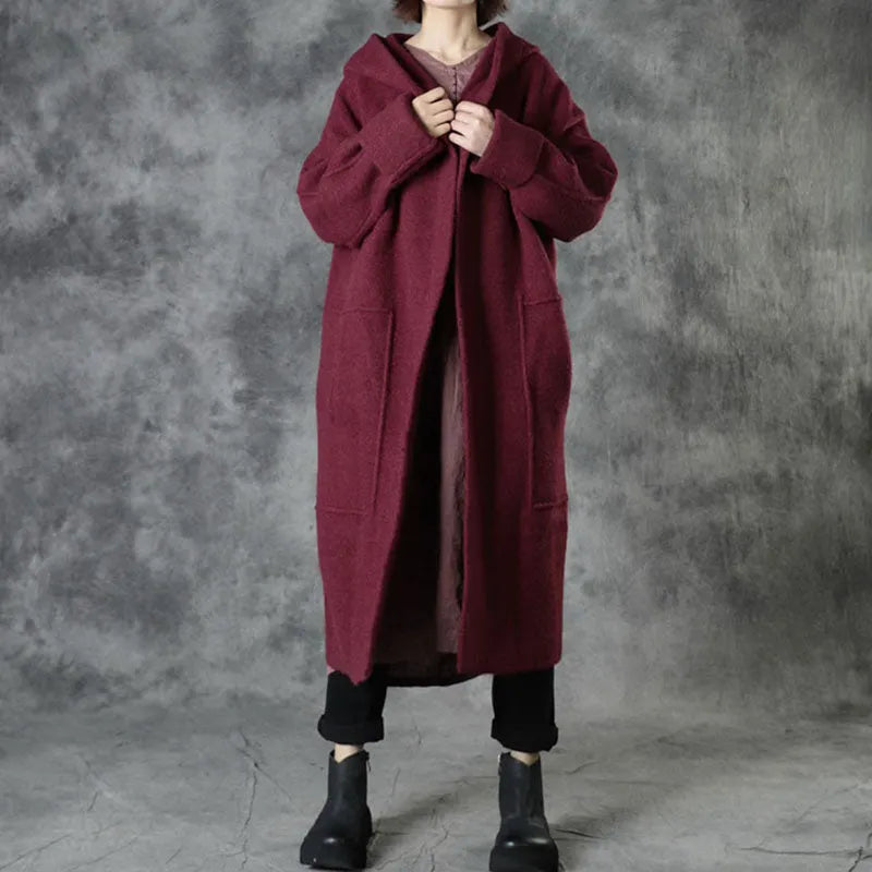 Mulberry Loose Pockets Fall Hooded Long Sleeve Sweaters Coat