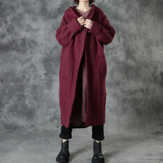 Mulberry Loose Pockets Fall Hooded Long Sleeve Sweaters Coat
