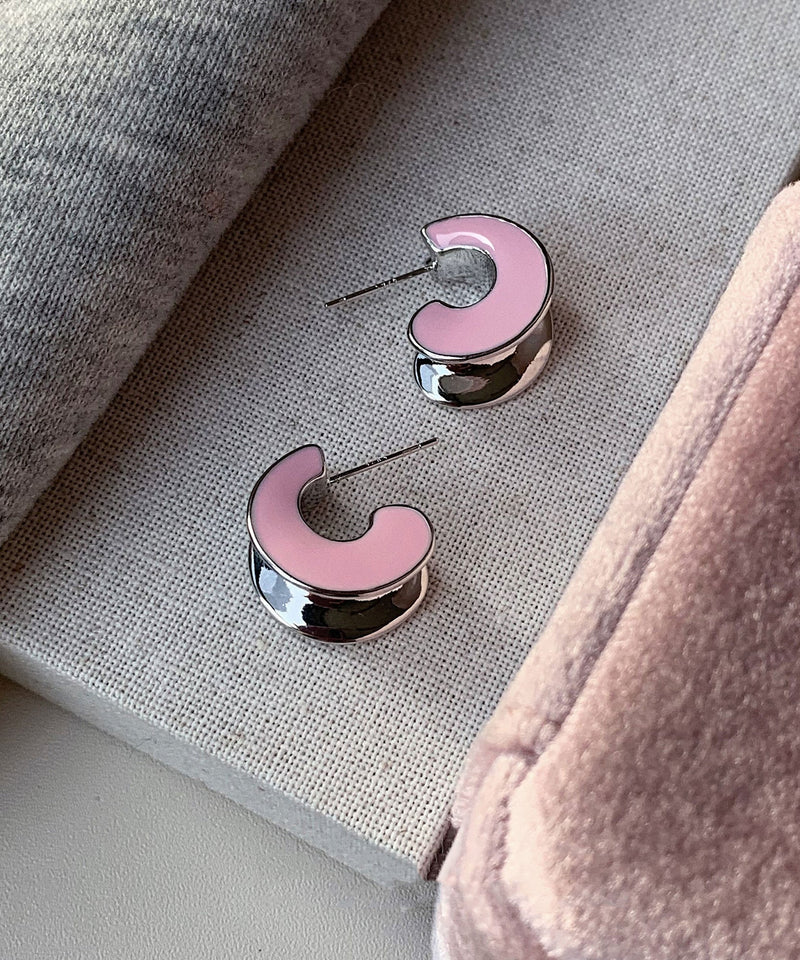 Pink Sterling Silver C-shaped Drip Glaze Hoop Earrings