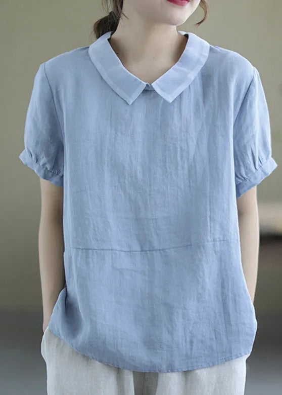 Handmade Blue Patchwork Ramie T Shirt Summer