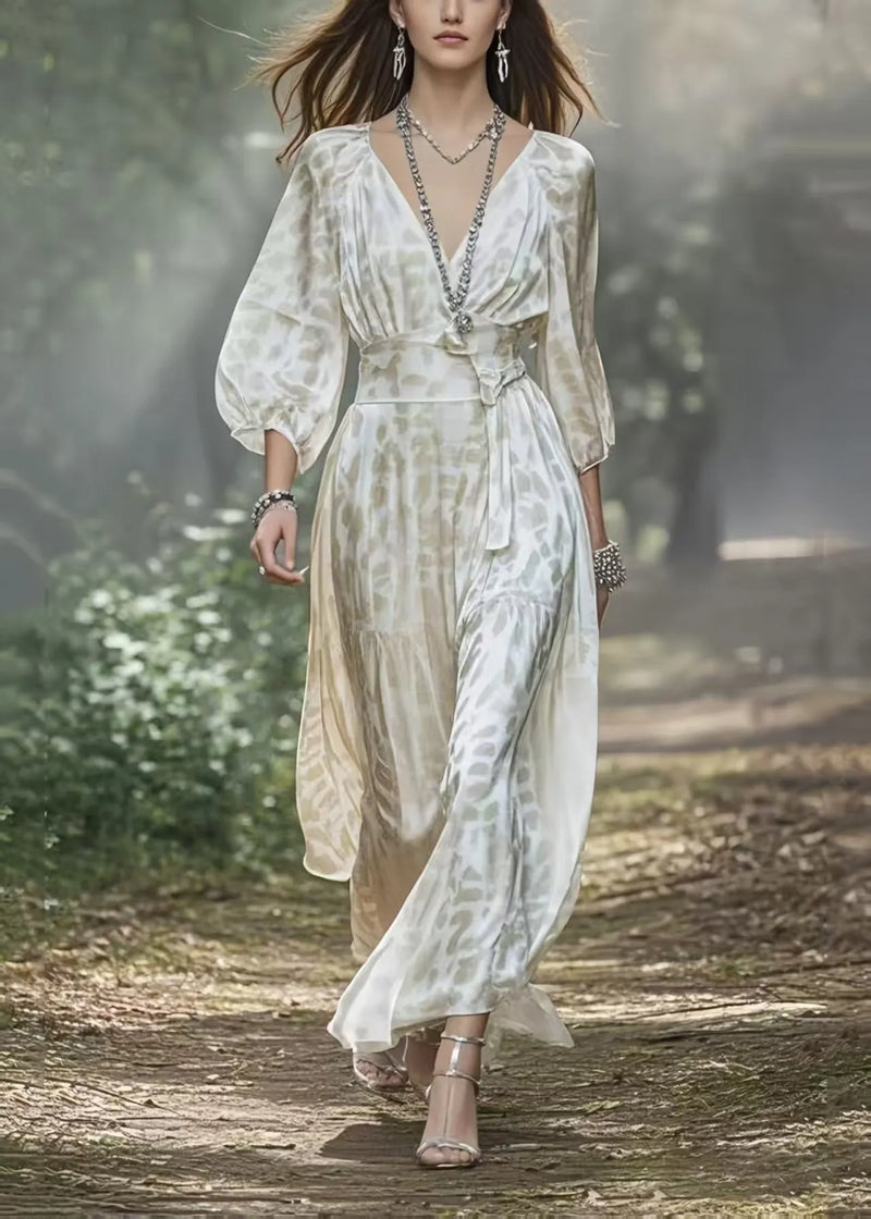 White V Neck Draping Silk Holiday Dress Lantern Sleeve