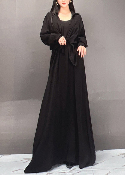 Black Peter Pan Collar Shirts and Maxi Skirts Two Piece Set Fall