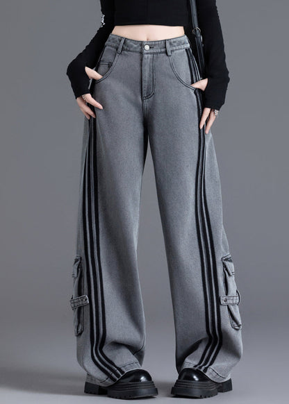 Black Pockets Patchwork High Waist Denim Pants Spring