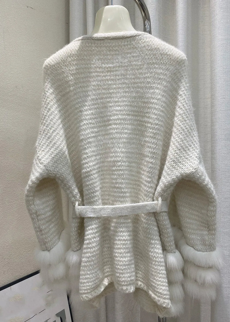 Beige Tie Waist Cotton Knit Cardigan Flare Sleeve