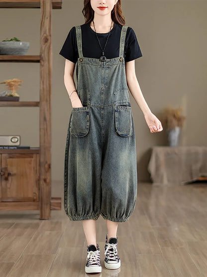 Retro Summer Pocket Denim Jumpsuits