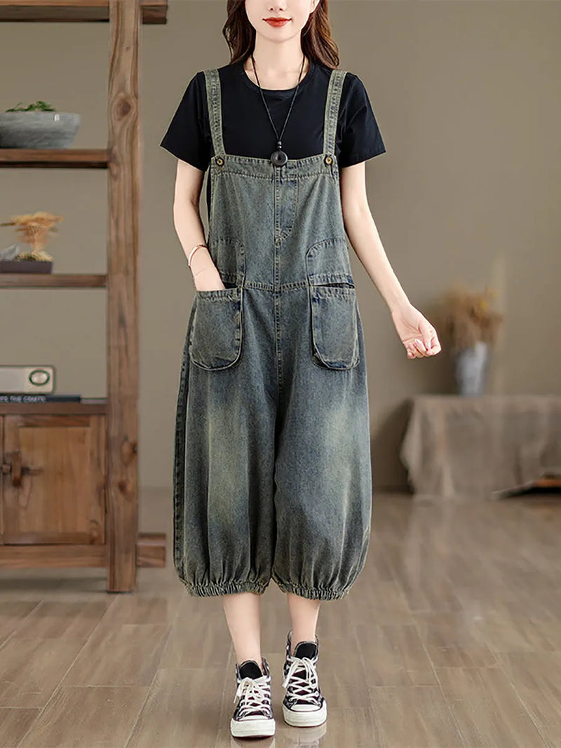 Retro Summer Pocket Denim Jumpsuits