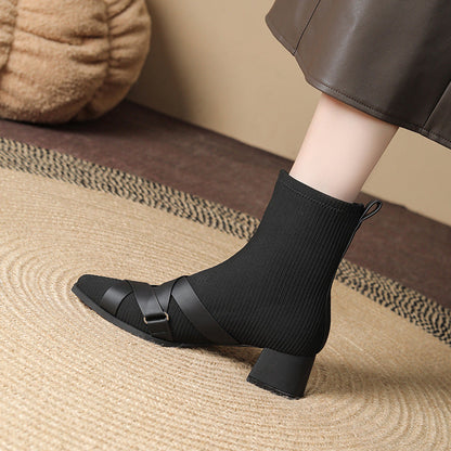 Cross Belt Buckle Square Toe Sleeve Boots