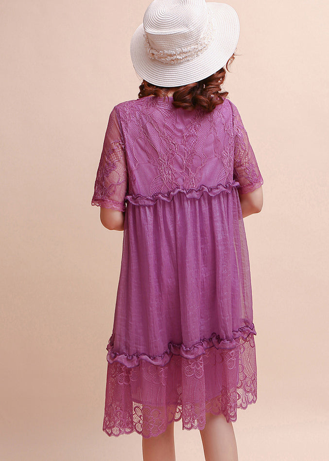 Diy Purple Ruffled Embroidered Silk Dress Summer