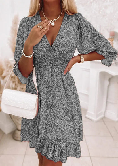 Red V Neck Print Ruffled Chiffon Mid Dresses Summer