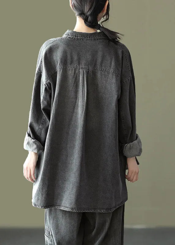 Black Peter Pan Collar Print Cotton Denim Shirt Long Sleeve