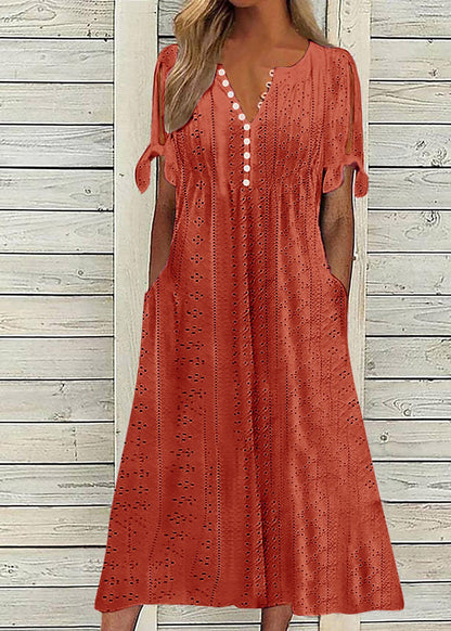 New White V Neck Hollow Out Loose Cotton Dress Summer