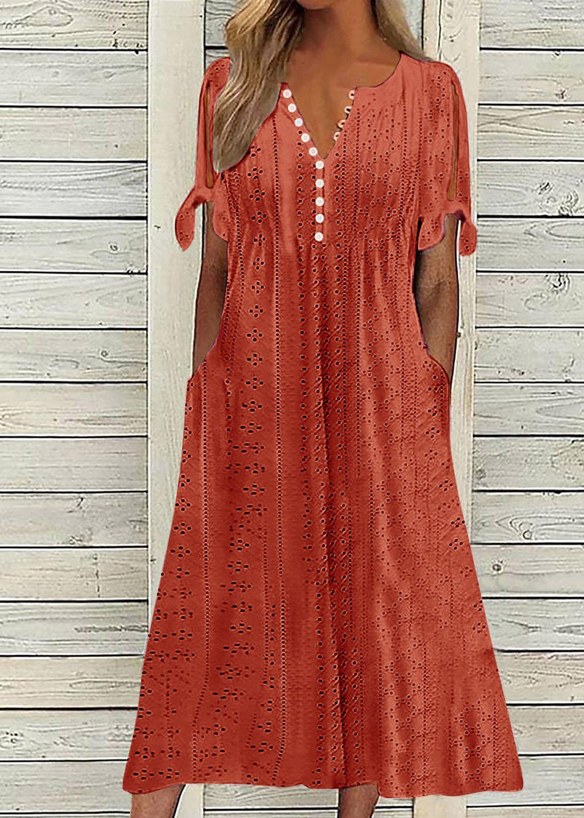 New White V Neck Hollow Out Loose Cotton Dress Summer