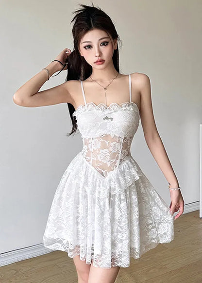 Vogue Black Square Collar Sheer Lace Mid Dresses Sleeveless