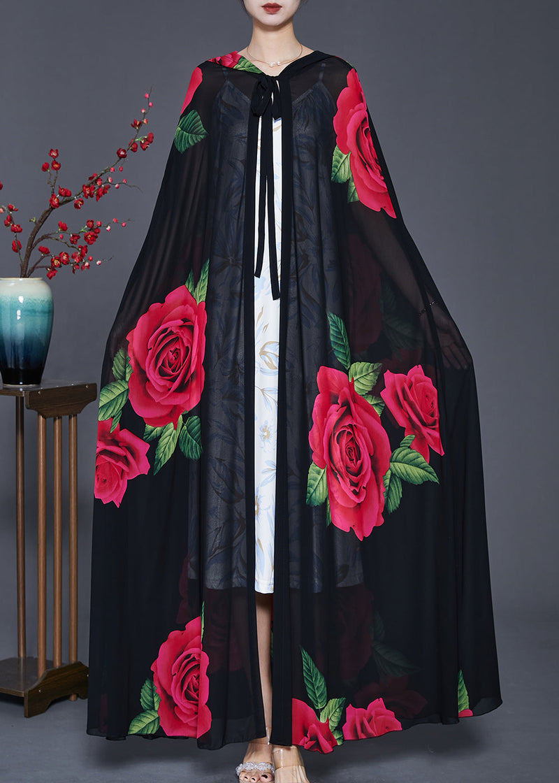 Black Hooded Print Chiffon Cardigan Spring
