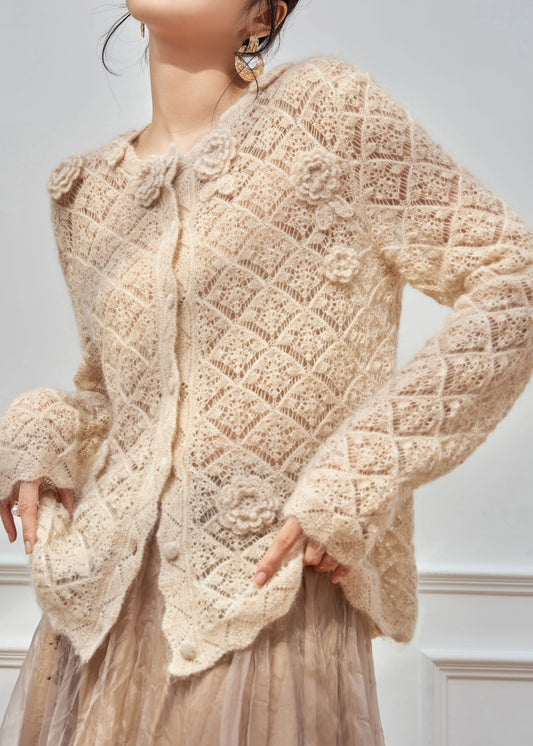 Art Apricot Hollow Out Button Knit Sweater Spring