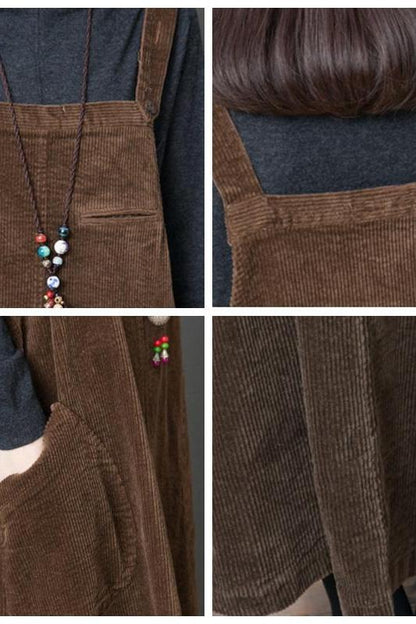 Corduroy Loose Large Pocket Suspenders Dress
