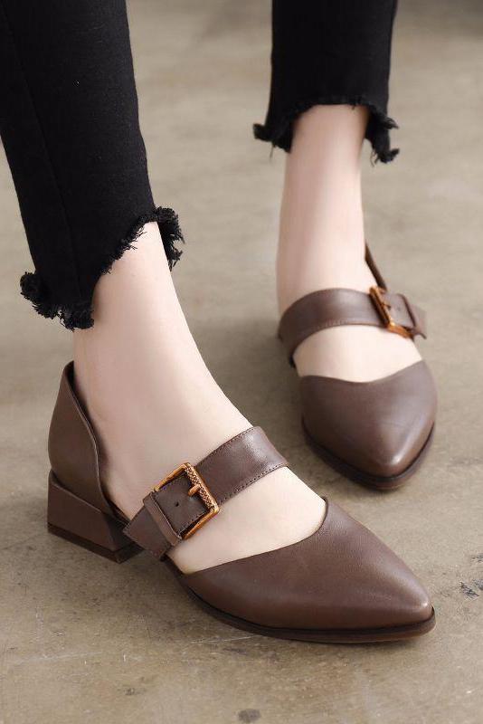Summer Leather Mid Heels Coffee Sandals Shoes