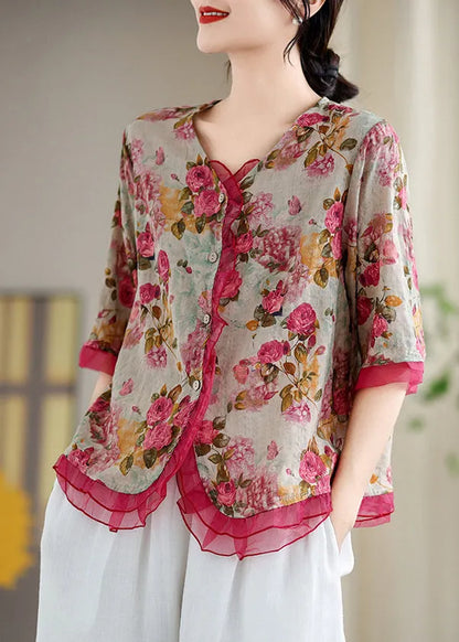 Stylish Red Patchwork Organza Linen Shirts Summer