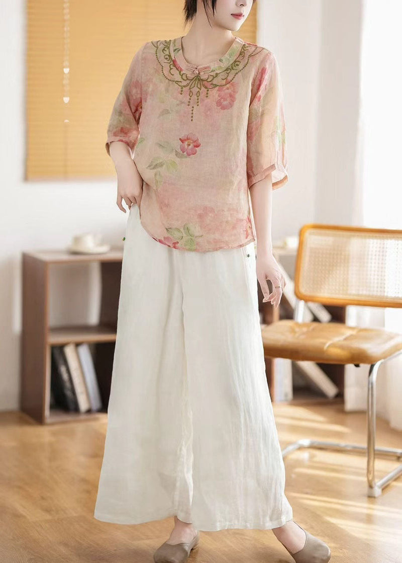 Pink Print Chinese Style Linen Top Summer