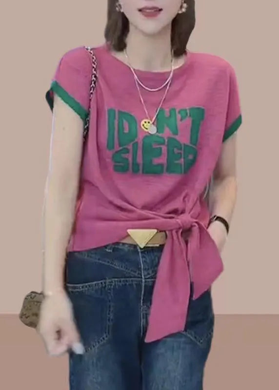 Stylish Rose O-neck Tie a Knot Ice Silk T Shirts Summer