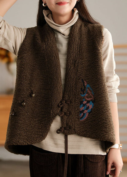 Diy Chocolate Embroidered Asymmetrical Design Faux Fur Vest Sleeveless